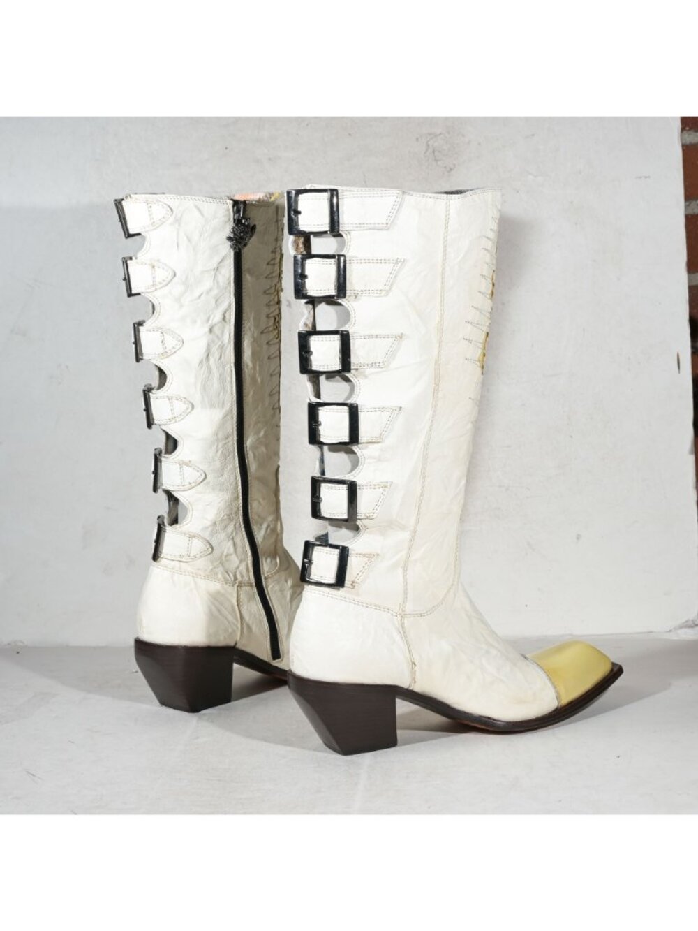 Siren by Mark Nason Lauper White Leather Patent Toe Knee High Inside Zip Boot - Picture 3 of 9